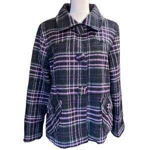 Keren Hart Coat Purple Buffalo Plaid Wool Blend Jacket Size Large Pockets